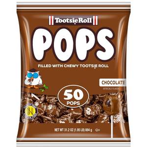 lot 7098 image: Tootsie Pops Single Flavor Bag - Chocolate Flavored Lollipops with Chocolatey Center - Individually Wrapped Hard Candy - Brown Candy - Peanut Free, Gluten Free, 50 Count (Pack of 1) - Bag is Open