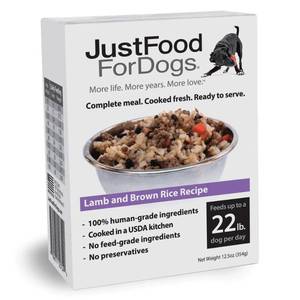 lot 7114 image: JustFoodForDogs Pantry Fresh Lamb and Brown Rice Wet Dog Food, 12.5 Oz BB 62025