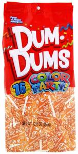 lot 7131 image: Dum Dums Color Party Lollipops Orange Orange Flavor 12.8 Oz 75 Count Bag BB 42025