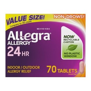 lot 7139 image: Allegra 24 Hour Allergy Relief Medicine Tablets - Fexofenadine Hydrochloride - 70ct BB 32025