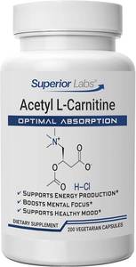 lot 7141 image: Superior Labs Acetyl L-Carnitine 500 mg, High Potency ALCAR, Pure Non-GMO, Zero Synthetic Additives, Maximum Absorption, Energy & Fat Metabolism, Brain, Nerve & Cellular Detox Support, (200 Veg Caps)