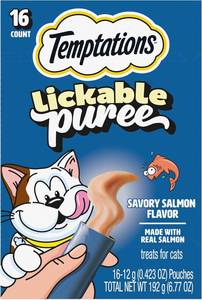 lot 7163 image: Temptations Creamy Puree Squeezable Lickable Cat Treats, Wet Cat Treats with Salmon, 0.42 oz. Tubes, 16 Count BB 42026