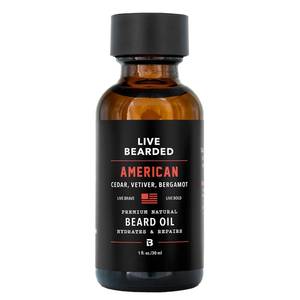 lot 7164 image: Live Bearded Beard Oil, 1 fl oz - Premium All-Natural Jojoba - Made in the USA - Hair and Skin Care for Men with Dry, Flaky Patches  American Scent - Cedar, Vetiver, Bergamot