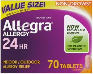 lot 7190 image: Allegra Adult 24 Hour Allergy Tablets, 180Mg, Noticeable Relief in 1 Hour, (70 Count ) BB 42025