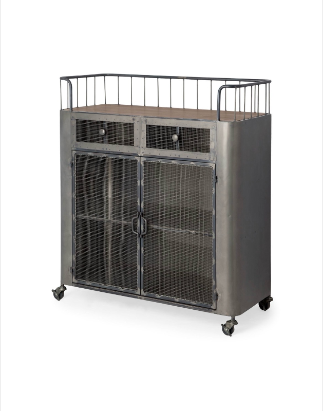 lot 5112007 image: Mercana Udo Metal Frame Two Door Cabinet wTwo Drawers & Wood Top Bar Cart 67594 40.75 H x 16.54 W x 35.43 D - Retail $1,469