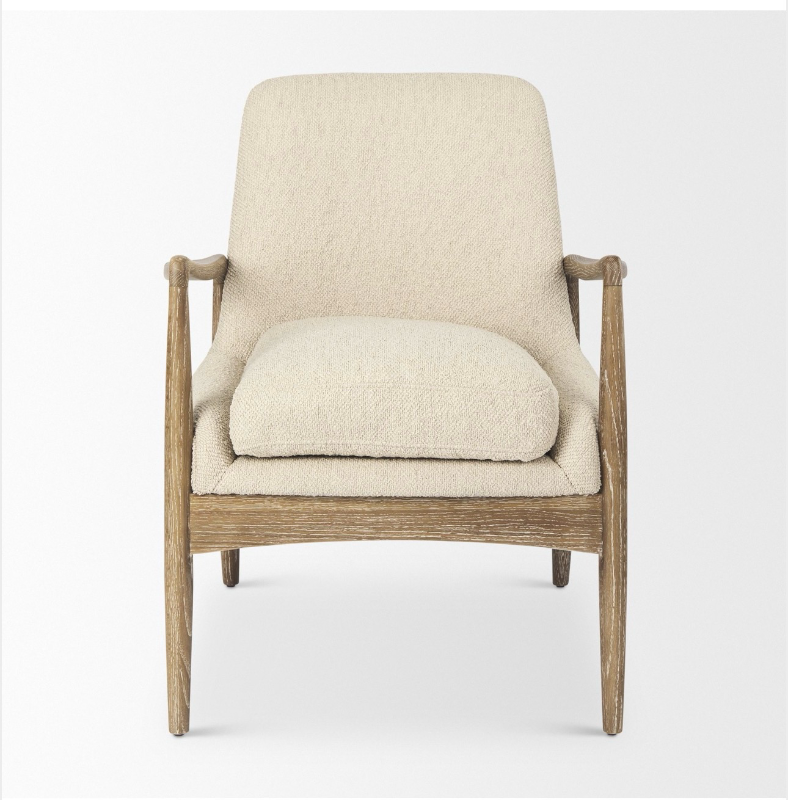 lot 5112086 image: Mercana Westan Cream Boucle Fabric wLight Brown Wood Accent Chair 69814 - Retail $1,739