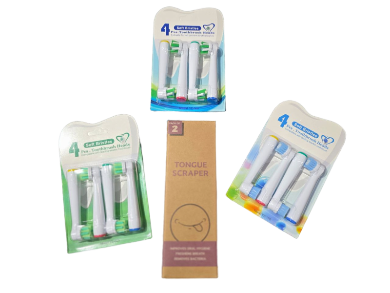 lot 4651067 image: Replacement Electric Toothbrush Heads Compatible with Oral-B, 12 Pack Replacement Head  2 Tongue Scrapers to Eliminate Bad Breath, 3 Types of Brush Heads - Retail $13