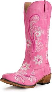 lot 401458 image: IUV Cowboy Boots For Women Mid Calf Cowgirl Boots Embroidered Pull-On Tabs Snip Toe Boot