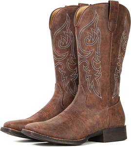 lot 401481 image: IUV Cowboy Boots for Women Mid Calf Square Toe Cowgirl Boots with Embroidery Pull On Fashion Retro Western Boot for Theme Party Country Concert