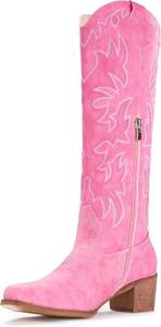 lot 401485 image: IUV Cowboy Boots For Women Knee High Western Cowgirl Boots Snip Toe Side Zipper Chunky Heel