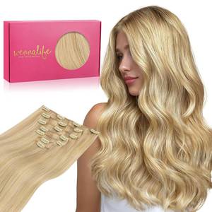 lot 191732 image: Retails for $160 WENNALIFE Clip in Human Hair Extensions, 24 Inch 120g 7pcs Light Blonde Highlighted Golden Blonde Hair Extensions Clip In Human Hair Remy Real Human Hair Double Weft