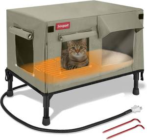lot 491937 image: Heated Cat House, Nylon Waterproof Fabric, Strong Supporting Iron Pipe Outdoor Kitty House Can Be Used Indoors,Outdoor,Winter,Summer,Cat House Shelter (Tan,Large)
