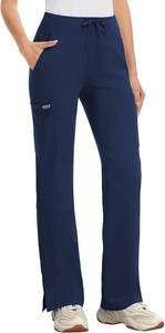 lot 491939 image: Yoga Scrub Pants Women High-Rise Straight Leg Uniform Cargo Bottom with Yoga Waistband,5 Pockets & 4-Way Stretch