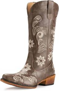 lot 491951 image: IUV Cowboy Boots For Women Mid Calf Cowgirl Boots Embroidered Pull-On Tabs Snip Toe Boot