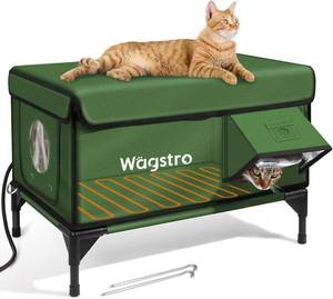 lot 491955 image: Retails for $154 Heated Cat House for Outside, Insulated Weatherproof Heated Outdoor Cat House with Waterproof Eaves & Escape Door, Elevated Outdoor Cat Shelter for Feral Stray Cat (Green, 25.6x16.5x18)