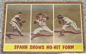 lot 103 image: 1962 Topps Baseball Card #312 - Warren Spahn Shows No-Hit Form