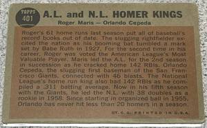 1962 Topps Baseball Card #401 - AL & NL Homer Kings Roger Maris Orlando Cepeda