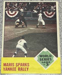lot 107 image: 1963 Topps Baseball Card #144 - World Series Game 3 Maris Sparks Yankee Rally