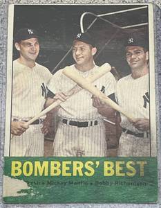 lot 110 image: 1963 Topps Baseball Card #173 - Bombers Best - Mantle, Tresh, Richardson