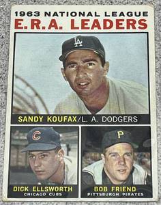 lot 121 image: 1964 Topps Baseball Card #1 - 1963 NL ERA Leaders Sandy Koufax Dick Ellsworth Bob Friend
