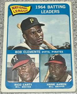 lot 124 image: 1965 Topps  Baseball Card #2 - 1964 NL Batting Leaders Clemente, Aaron, Carty