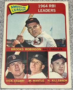 lot 125 image: 1965 Topps Baseball Card #5 - 1964 AL RBI Leaders Robinson, Stuart, Mantle, Killebrew