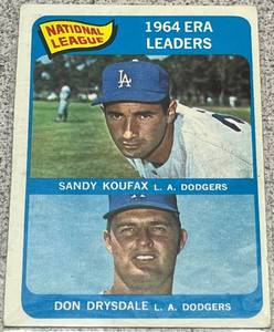 lot 126 image: 1965 Topps Baseball Card #8 - 1964 NL ERA Leaders Sandy Koufax Don Drysdale