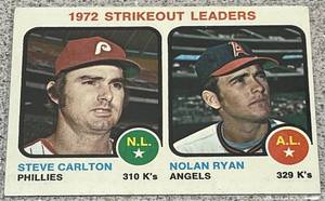 lot 184 image: 1973 Topps Baseball Card #67 - 1972 Strikeout Leaders Steve Carlton & Nolan Ryan
