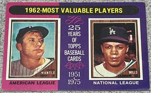 lot 203 image: 1975 Topps Baseball Card #200 - 1962 MVPs Mickey Mantle & Maury Wills