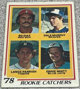 lot 256 image: 1978 Topps Baseball Card #708 - Rookie Catchers Dale Murphy Bo Diaz Lance Parrish Ernie Whitt
