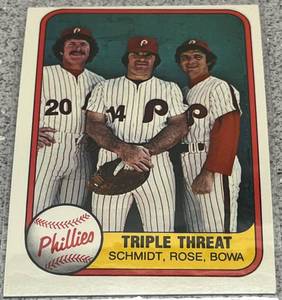 lot 334 image: 1981 Fleer Baseball Card No Number - Philadelphia Phillies Triple Threat Schmidt Rose Bowa