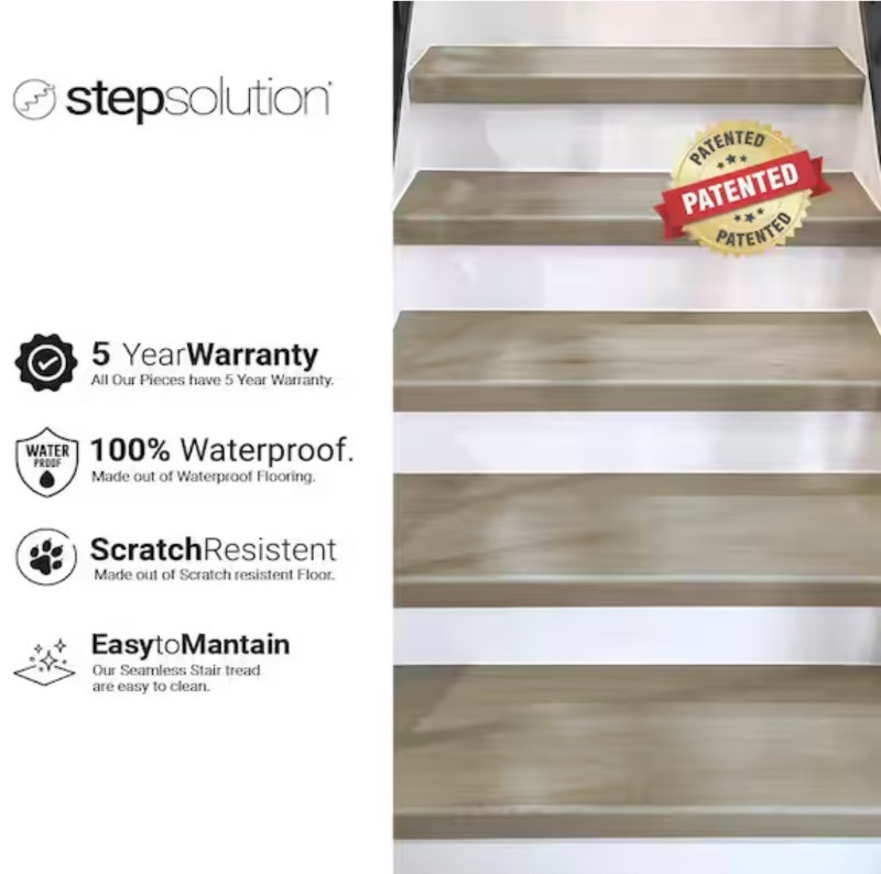 lot 107 image: Sterling Oak Vinyl Stair Tread Square-Exact Match for Lifeproof Floor, 2-Pieces, 46 in. x 6.25 in. x 7 mm T Retails $92