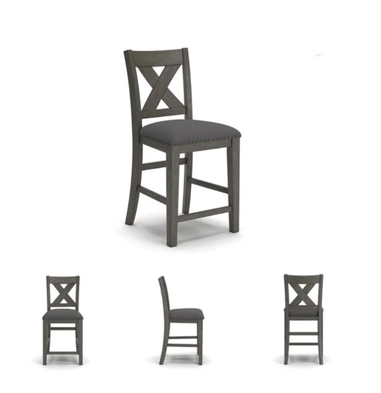 lot 139 image: Signature Design by Ashley Caitbrook Upholstered Bar Chair, Gray, Counter Height Chairs with X-Back and Wood Frame Blemish  on back see all images 