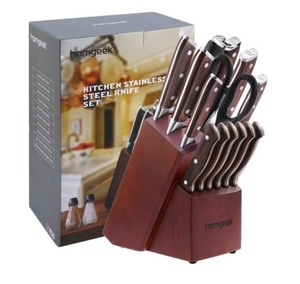 Homgeek Kitchen Knife Set, 15-piece With Wooden Block Sharpener And Serrated Steak Knives