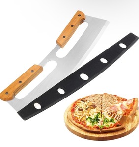 lot 9 image: Pizza Cutter Rocker Blade with Wooden Handle, Premium 14inch Pizza Knife Rocker Cutter with Sharp Stainless Steel Blade and Protective Cover, Slicing Through Crust in One Single Rocking Motion