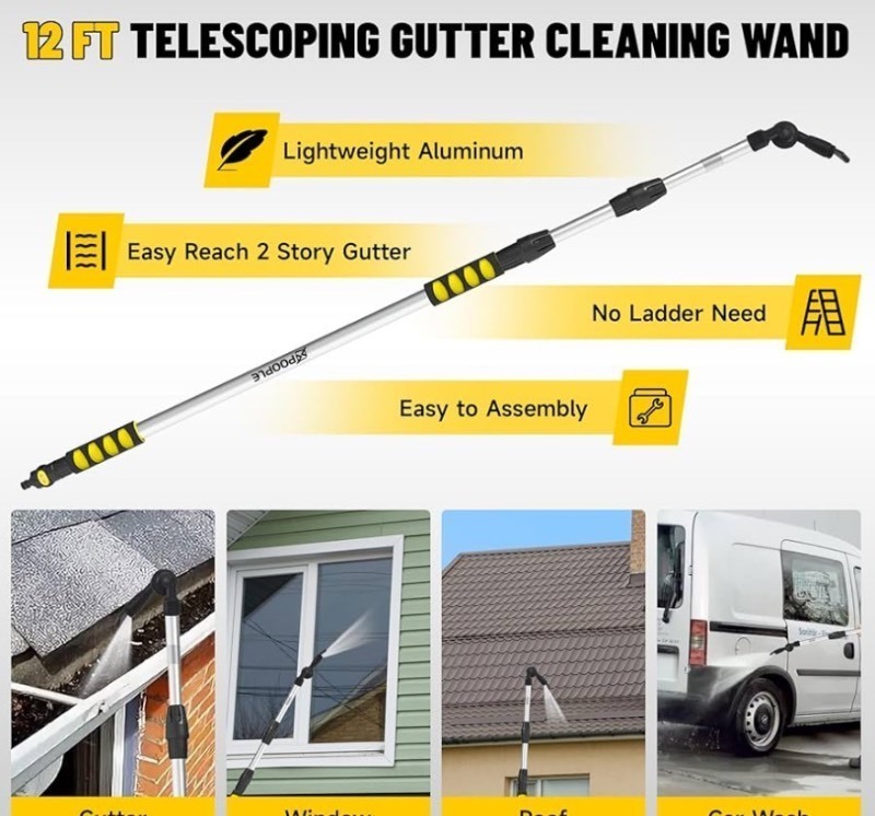 lot 316 image: 12ft (20ft Reach) Gutter Cleaning Tools from The Ground, Telescoping Rain Gutter Cleaner Tool, 270° Rotatable Gutters Cleaning Wand, Gutters Cleaning Hose Attachment & Connection Adapter