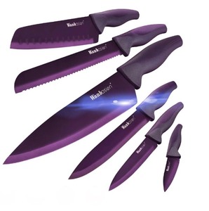 lot 165 image: Wanbasion Purple Professional Kitchen Knife Chef Set, Stainless Steel, Dishwasher Safe W Matching Sharpener