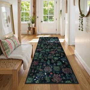 lot 9399 image: Beeiva 2x6 Runner Rug for Entryway, Dark Green Vintage Forest Washable Kitchen Runner for Bedroom Beside Bed, Faux Wool Stain Resistant Hallway Rug Boho Botanical Print Decor(Dark Green,2x6ft)