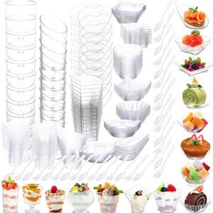 lot 9406 image: Honeydak 450 Pcs Disposable Clear Appetizer Plates with Spoons Forks 15 Styles Mini Dessert Cups 150 Forks 150 Spoons Plastic Dessert Containers Assorted Shape Parfait Cups for Wedding Party Serving - Retail $39