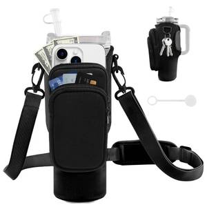 lot 9423 image: JEBEALUO Water Bottle Carrier Bag with Phone Pocket for Stanley Cup 4030 oz, Water Bottle Holder with Adjustable Strap& Straw Cover, Stanley Cup Accessories (Black)