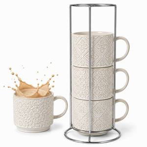 lot 9430 image: SumitlEyao 6 Oz Coffee Cups Set of 4, Espresso Cups with Stand, Stackable Cappuccino Mugs Set, Embossed Coffee Cup for Latte, Tea, Cocoa, Mocha, Housewarming Present, Dishwasher Safe - Retail $25