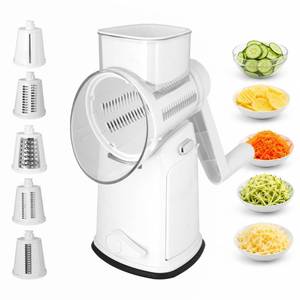 lot 9441 image: Rotary Cheese Grater Hand Crank, 5 In 1 Shredder with Handle, Vegetable Slicer Mandoline Food Chopper, Strong Suction Base Kitchen Gadget for Cheese Vegetables Nuts White - Retail $23
