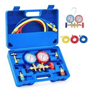 lot 9444 image: Orion Motor Tech 3 Way AC Diagnostic Manifold Gauge Set for Freon Charging, Fits R134A R12 R22 and R502 Refrigerants, with 3FT Hose, Tank Adapters, Quick Couplers and Can Tap - Retail $36
