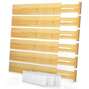 lot 9448 image: SpaceAid Bamboo Drawer Dividers (Need 2.35 Deep Drawer) Kitchen Adjustable Drawer Organizers, Expandable Organization for Home, Office, Dressers and Bathroom, 6 Dividers (13.25-17 in) - Retail $30