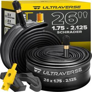 lot 9460 image: Ultraverse 26 Bike Inner Tubes 26 x 1.75, 1.95, 2.10, 2.125 �� Butyl Rubber Bicycle Tubes with Schrader Valve �� Compatible with Mountain, Cruiser, City & Kids Bikes �� Set of 2 - Retail $17