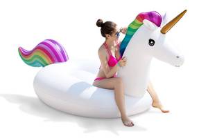 lot 9465 image: Jasonwell Giant Inflatable Unicorn Pool Float Floatie Ride On with Fast Valves Large Rideable Blow Up Summer Beach Swimming Pool Party Lounge Raft Decorations Toys Kids Adults - Retail $37