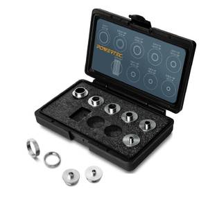 lot 9481 image: POWERTEC Router Guide, Router Bushing Guide Set, Router Template Guide 10 Pcs wStorage Case, Fits Porter Cable Style Router Sub Base Plate. Size 516 to 1 Router Inlay Kit for Woodworking (71051) - Retail $26