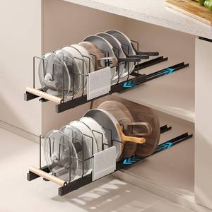 lot 9483 image: Magheo 2 Pack Pull Out Pots and Pans Organizer Under Cabinet, 22 Deep Expandable Pot Lid Organizer and Storage with 10 Adjustable Dividers Adhesive Pot and Pan Holder Rack with Handle Bracket(Black) - Retail $60