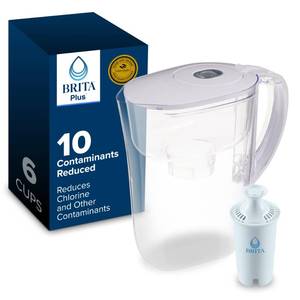 lot 9484 image: Brita Metro Small 6-Cup Water Filter Pitcher with BritaPlus Filter, WQA NSFANSI Certified, Reduces 2X Contaminants vs. Standard, Reduces Chlorine, Zinc, Copper, Mercury & More, Clear - Retail $27