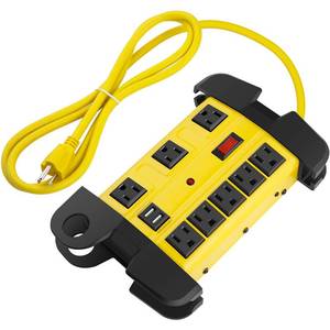 lot 19728 image: Heavy Duty Power Strip with USB, Workshop 8 Outlet Surge Protector 2700 Joules, Industrial Metal 15Amp Power Strip, 25 FT Extension Cord and Wide Spaced. Yellow - Retail $48